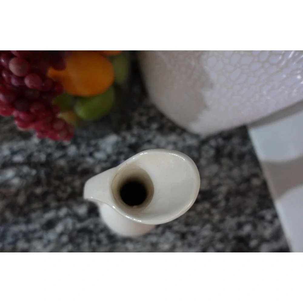 Vintage PF‎ White Ceramic Ewer Bud Vase Purple Applied Flower 8 Inch Pitcher